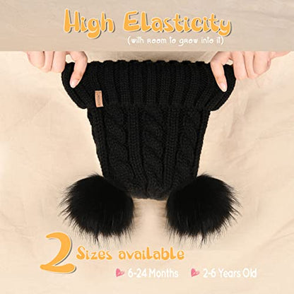 FURTALK Toddler Winter Hat Knit Beanie Double Faux Fur Pompoms Girls Boys - color: Black With Black Pom, size: 6-24 Months