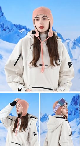 Mens Womens Warm Fleece Beanie Soft Winter Hat with Ear Flaps Windproof Ski Snow Cycling Skull Cap Helmet Liner - color: Pink