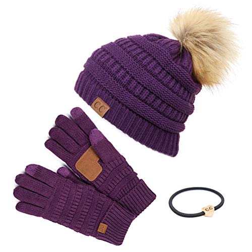 C.C Hatsandscarf Exclusives Unisex Solid Ribbed Beanie with Pom (HAT-43) - color: A Gift Set-dkpurple