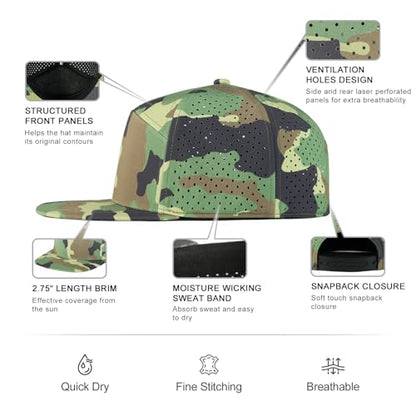 FEINION Men Laser Mesh Flat Brim Snapback Baseball Cap - color: Green Camouflage