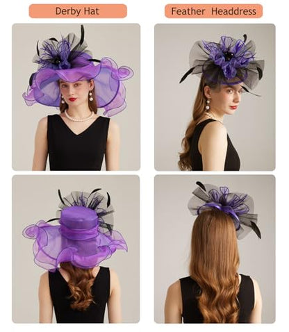 Women Derby Church Hat Organza Flower Wedding Tea Party Fascinator Wide Brim Sun Hat - color: 10-violet