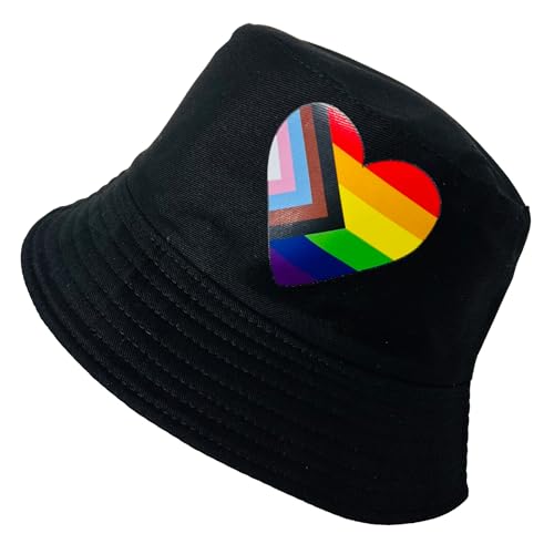 Pride Unisex Bucket Hat Reversible Double-Side-Wear Packable for Travel, Outdoors, and Beach - color: Black Progress Pride Heart