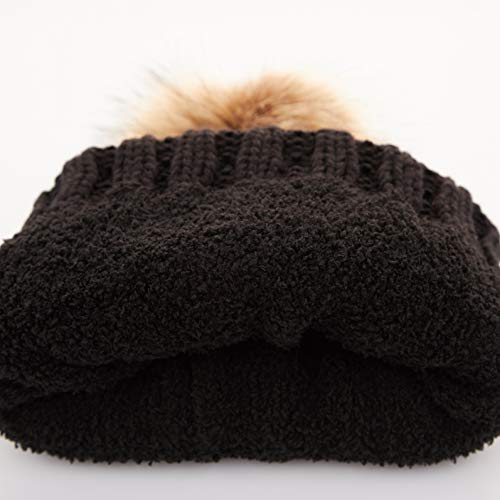 C.C Exclusives Fuzzy Lined Knit Fur Pom Beanie Hat (YJ-820) - color: Black