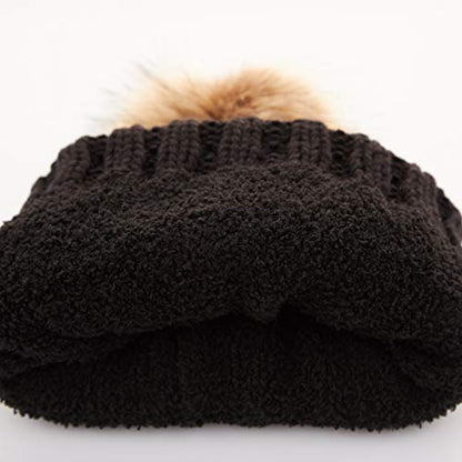 C.C Exclusives Fuzzy Lined Knit Fur Pom Beanie Hat (YJ-820) - color: Black