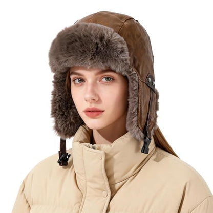 Faux Fur Trapper Hat Womens Winter Hats with Ear Flaps Leather Ushanka Russian Hat for Men Cossack Hunter Ski Caps - color: Mg-lfm25119-camel