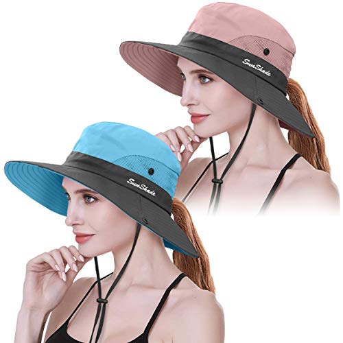 IYEBRAO 2 Pack Womens Ponytail Sun Hat UV Protection Bucket Hats Foldable Wide Brim Summer Boonie Beach Cap Fishing Hiking… - color: Pink & Sky Blue