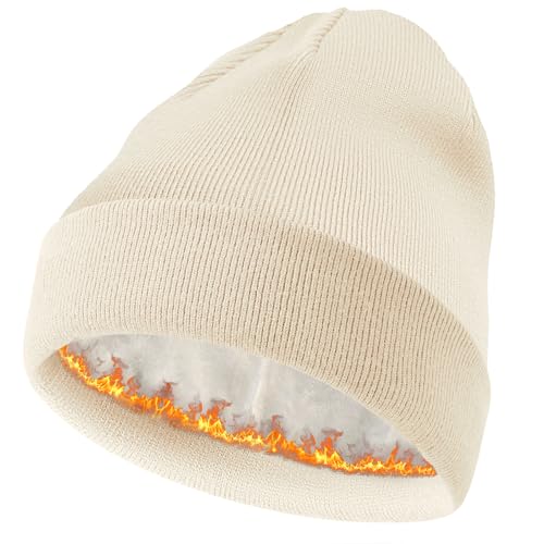 ROYBENS Warm Wool Beanie for Men Women, Thick Fleece Lined Knit Winter Hat - color: 1pcs Beige