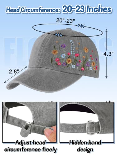 Trendy Handmade Embroidered Baseball Cap for Girls Women, Vintage Wash - style: Elegant Floral