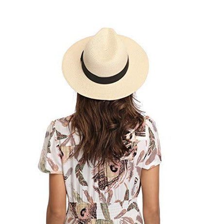 Lanzom Women Wide Brim Straw Panama Roll up Hat Fedora Beach Sun Hat UPF50+ - color: 02-fold Belt Beige, size: One Size-Small