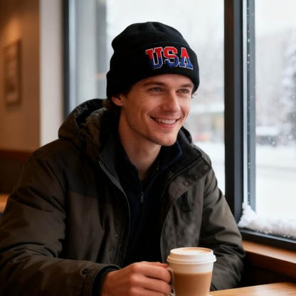 American Flag Beanie, USA Embroidered Winter Hat for Women Men - color: Usa-black