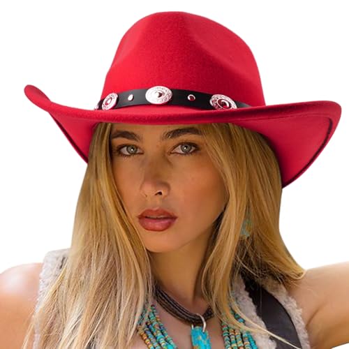 DRESHOW Women Men Classic Felt Wide Brim Western Cowboy & Cowgirl Cap Belt Buckle Retro Panama Hat Unisex Rolled up Caps - color: 1 Pack: Red (Hat Circumference: 22-22.8")