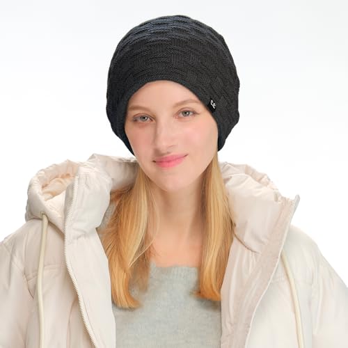C.C Fuzzy Lined Beanie, Thick Soft Knit Winter Hat, Warm Cozy Skull Cap for Women & Men - color: Charcoal Grey