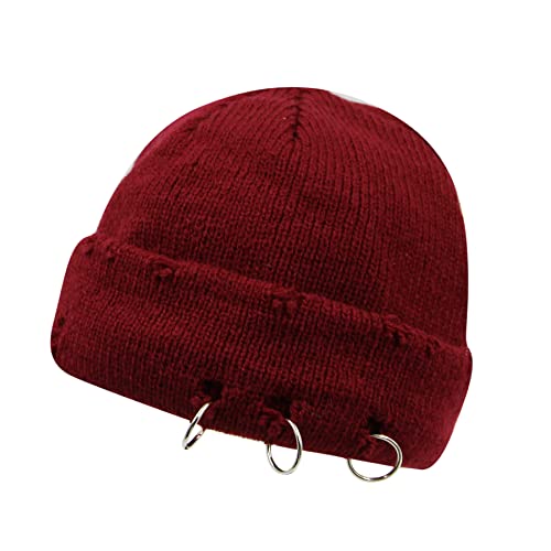AIBEARTY Swag Short Fisherman Beanie for Men Women Rolled Cuff Beanie Skull Caps Wool Knit Winter Ski Hat with O Rings - color: Wine Red