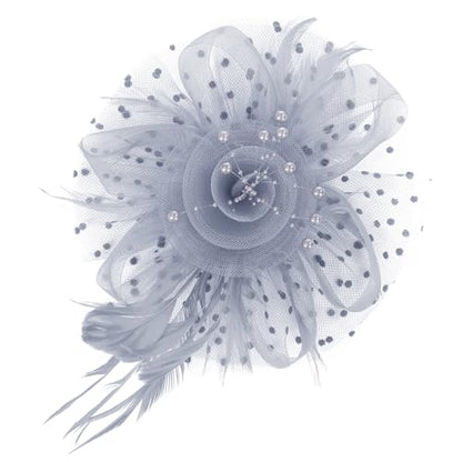 Century Star 2026 Kentucky Hat Derby Fascinator for Women Tea Party Flower Mesh Ribbons Feathers Headband Hair Clips - color: Grey