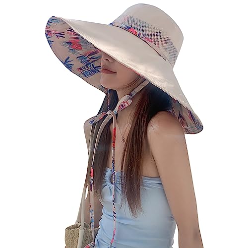 6" Extra Wide Brim Sun Hats UPF 50+ UV Protection Packable Beach Hat Strap Women - color: Beige