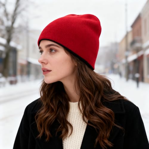 ZOORON Reversible Skull Caps for Men Women Reversible Beanie with -Double Side Warm Winter Fisherman Beanie - color: A-1pack-grey/Winered+black/Winered