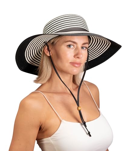 Sloggers Women's Wide Brim Braided Sun Hat with Wind Lanyard - UPF 50+ Maximum Sun Protection - color: Black White
