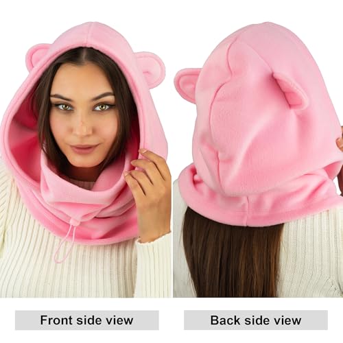 Fleece Balaclava Over Helmet - Warm Helmet Ninja Hood - Snowboard Hooded Hat Neck Gaiter Ski Mask - color: Pink-earsup, size: One Size