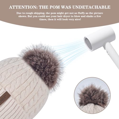 FENELY Women's Knitted Warm Beanie Winter Hat, Warm Chunky Snow Hat with Pompom - color: Beige