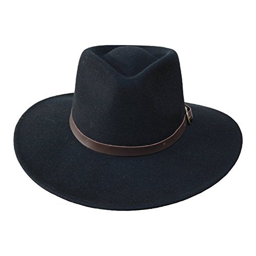 B&S Premium Lewis - Wide Brim Fedora Hat - 100% Wool Felt - Water Resistant - Leather Band - color: Black, size: 7 3/4