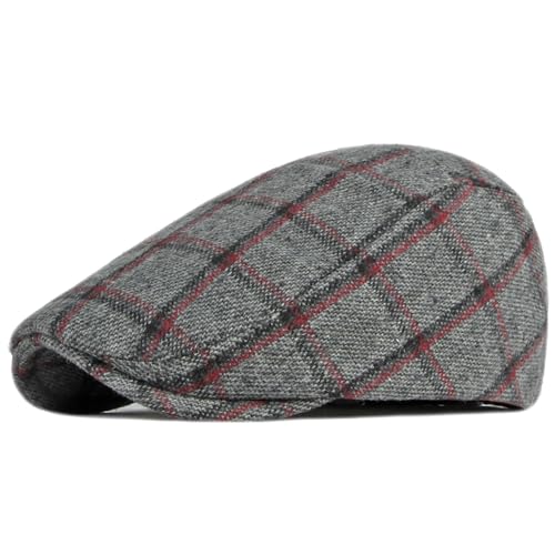 Newsboy Hat for Men Flat Cap Adjustable Tweed Ivy Gatsby Cabbie Hat - color: Grey-red Plaid