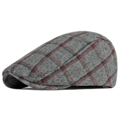 Newsboy Hat for Men Flat Cap Adjustable Tweed Ivy Gatsby Cabbie Hat - color: Grey-red Plaid