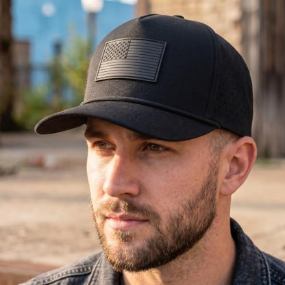 USA American Flag Golf Hat, Performance Rope Cap, Patriotic USA Hat – Adjustable, Breathable - color: All Black
