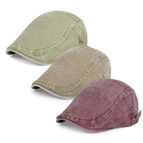 3Pcs Men's Newsboy Caps Cotton Cooling Hat Adjustable Flat Cap for Men - color: Washed-winered+green+khaki