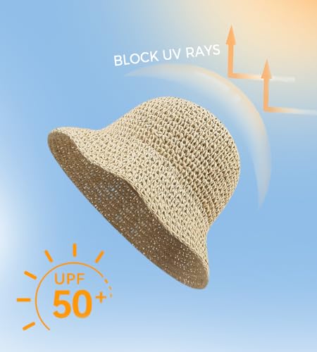 Women Straw Sun Hat Packable Foldable Floppy Wide Brim Beach Bucket Hat UV Protection Travel Vacation Accessories - color: Khaki