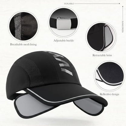 Retractable Brim Baseball Cap Sport Sun Visor Hat for Men Women - color: Black