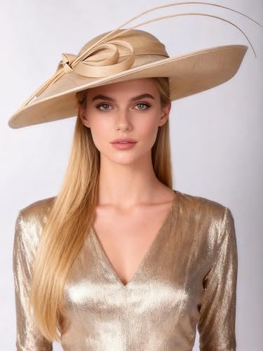 Big Wide Brim Fascinator Hats for Women Ladies Kentucky Tea Party Dress Flat Top Fedoras Hat with Bow Feather - color: Champagne