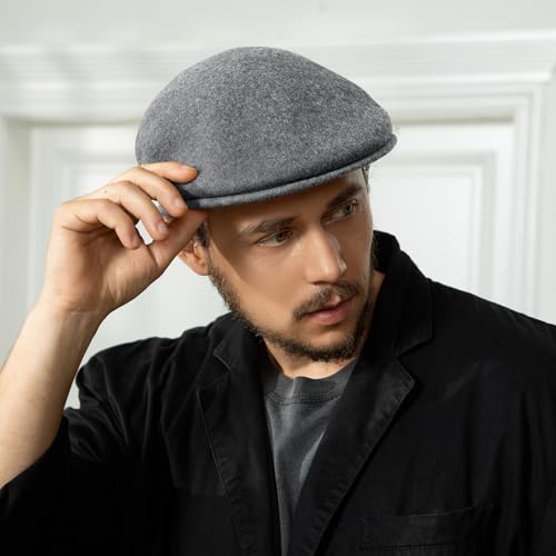 Wool Blend Mens Newsboy Caps, Classic Flat Cap Ivy Cabbie Gatsby Hat Winter Beret Hat for Men - color: Grey