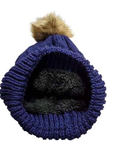 Novarena Thick Cable Knit Faux Fuzzy Fur Pom Fleece Lined Skull Cap Cuff Beanie - color: Navy Blue Pom Beanie
