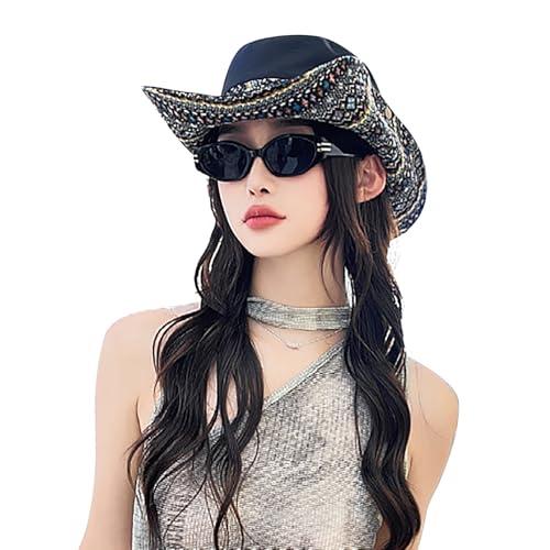 Womens Wide Brim Floral Summer Sun Hat UPF 50+ Ethnic Style Foldable Floppy Sun Protection Travel Beach Bucket Hat - color: Black