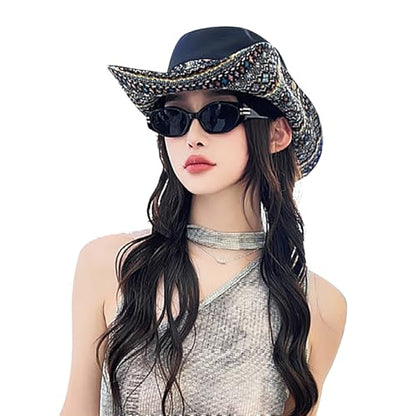Womens Wide Brim Floral Summer Sun Hat UPF 50+ Ethnic Style Foldable Floppy Sun Protection Travel Beach Bucket Hat - color: Black