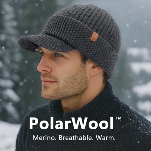 TOP-EX 100% Australian Merino Wool Brim Beanie, Polartec™ Fleece Lined - color: Gray, size: Medium-Large