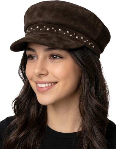 Funky Junque Greek Fisherman Newsboy Cap, Cotton Captains Bakerboy Hat - color: Studded Suede - Brown
