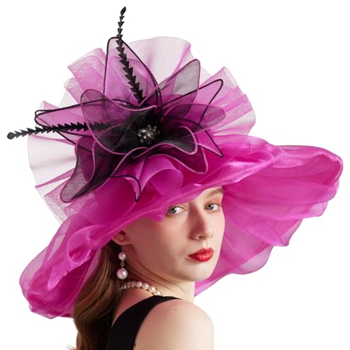 Women Organza Church Derby Hat Wide Brim Sun Caps for Wedding Tea Party Hat with Detachable hat Flower as Headgear - color: 10-rose Red
