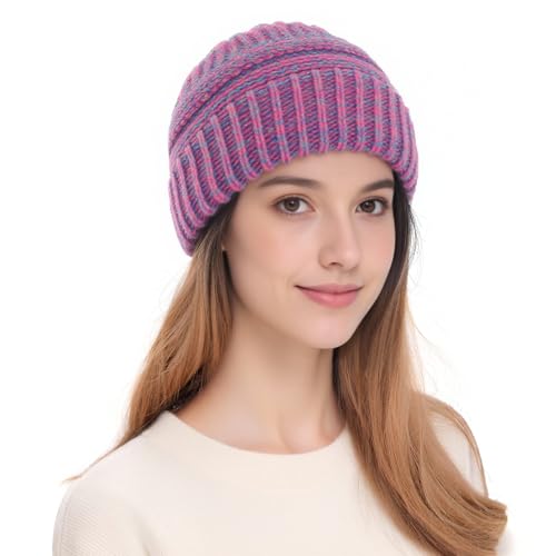 Women Ponytail Beanie 2-Pack, Thick Thermal Soft Acrylic Winter Skull Cap - color: D & F