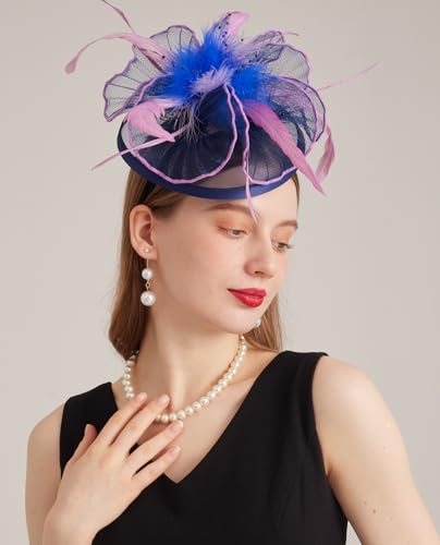 Women Derby Church Hat Organza Flower Wedding Tea Party Fascinator Wide Brim Sun Hat - color: 16-navy Blue