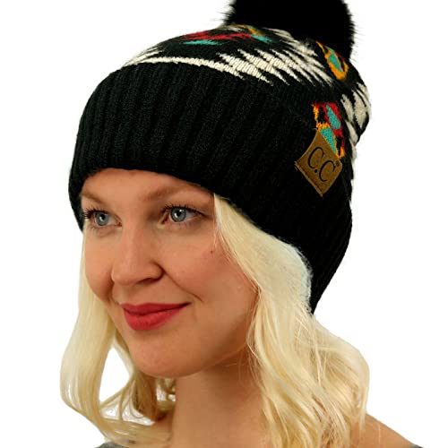 C.C Fur Pom Winter Fall Trendy Chunky Stretchy Cable Knit Beanie Hat - color: Aztec Black