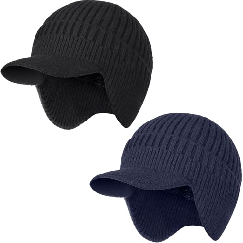 2Pack Men&Women Winter Warm Fleece-Lined Knit Beanie Hats with Brim & Ear Flaps for Cold Weather - color: Black+navy Blue