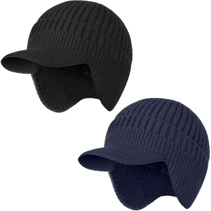 2Pack Men&Women Winter Warm Fleece-Lined Knit Beanie Hats with Brim & Ear Flaps for Cold Weather - color: Black+navy Blue
