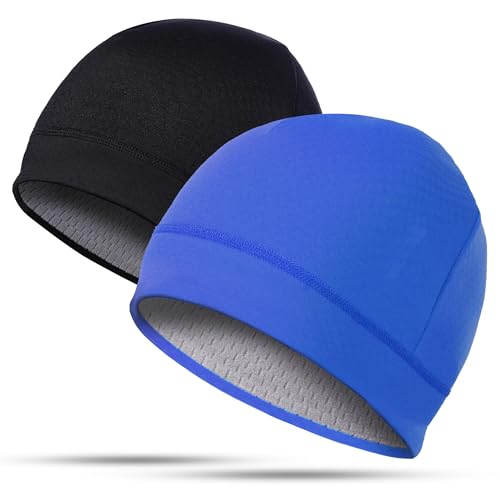 2 Pack Thermal Skull Caps for Men Women Wind-Resistant Fleece Beanie Hats Cold Weather Helmet Liners for Cycling - color: Black+blue