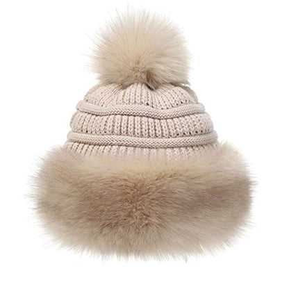 Soul Young Women's Faux Fur Hat Russian Cossack Knit Pompom Hat Ski Snow Cap for Winter Outdoor - color: Khaki