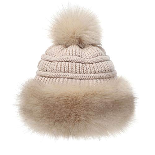 Soul Young Women's Faux Fur Hat Russian Cossack Knit Pompom Hat Ski Snow Cap for Winter Outdoor - color: Khaki
