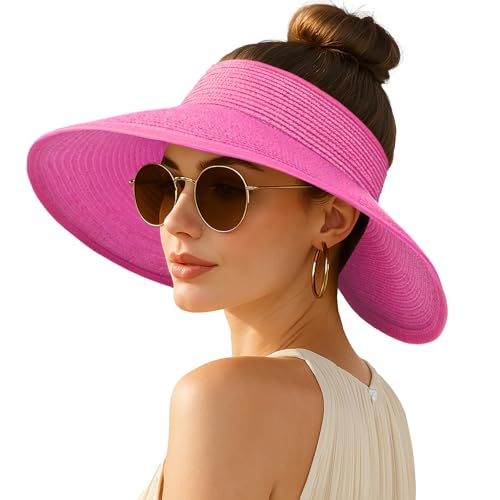 Women's Sun Visor Hats Wide Brim Straw Beach Hat Ponytail Hats for Women Foldable Floppy - color: 1pack-rose