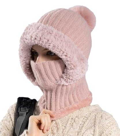 Womens Knit Beanie Hat Fleece Lined Winter Scarf Mask Set Snow Caps Plush Earmuff Skull Hats with Pompom - color: Pink