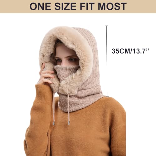 HUAMULAN Women Cable Knit Balaclavas Winter Fleece Lined Beanie Hat - color: Khaki
