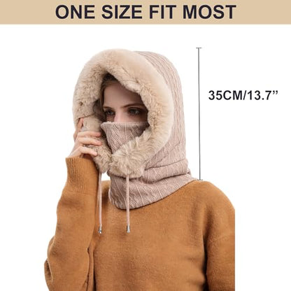 HUAMULAN Women Cable Knit Balaclavas Winter Fleece Lined Beanie Hat - color: Khaki